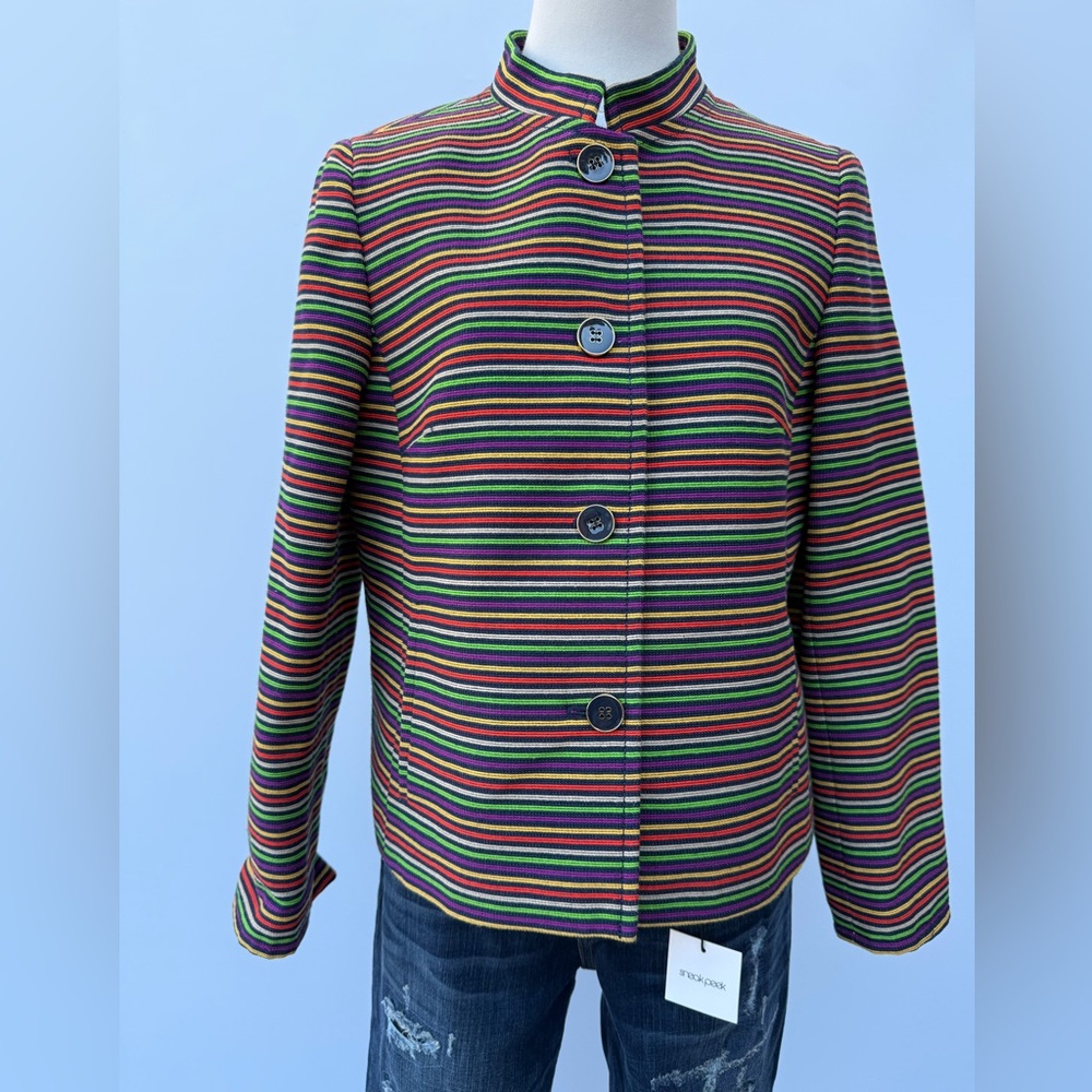 Talbots Rainbow Horizontal Striped Metallic Thread Mandarin Collar Biazer - Picture 1 of 12